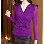 New Spring Women's T-Shirt Cross V-Neck Solid Color Bright Powder Slim Long-Sleeved Mesh Tops Elastic Bottoming Shirt RT220