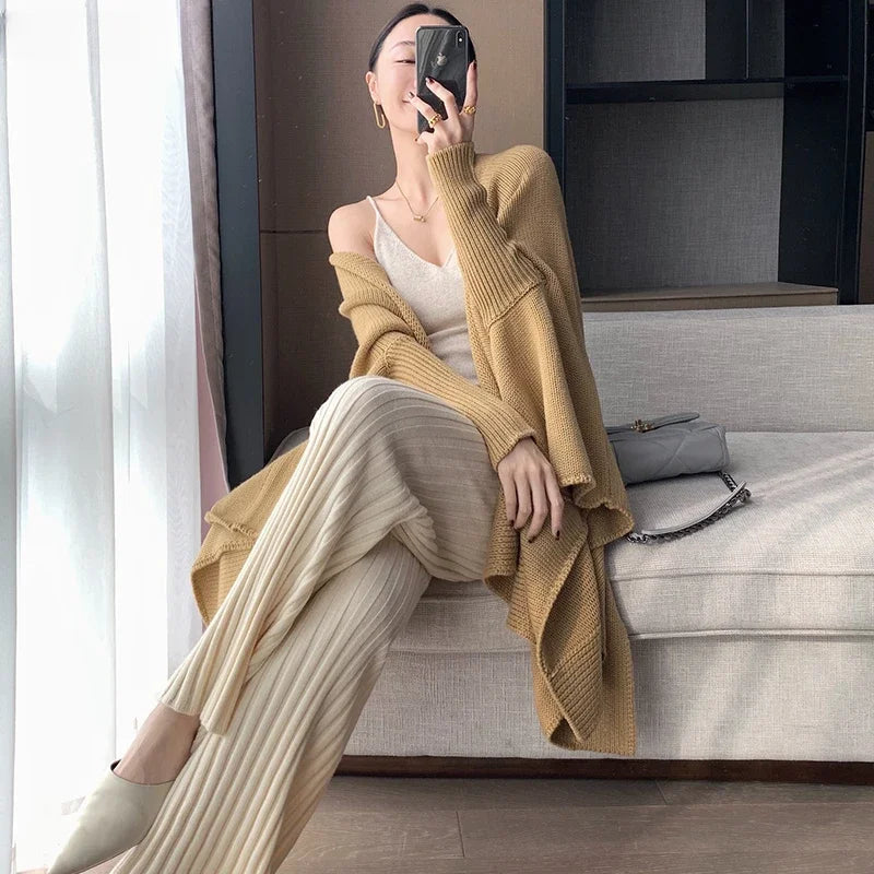 Autumn Winter Casual Thick Knitted Pant Women Long Trousers Elastic High Waist Kniting Wide Leg Pants Striped Pantalon RT220