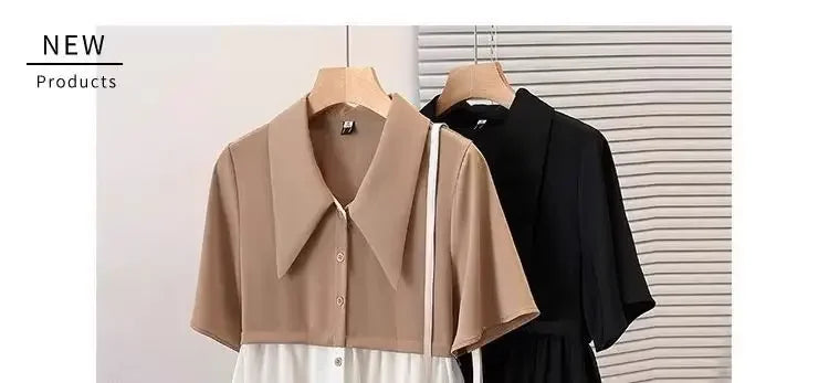 Spliced fake Two-piece Polo Collar Suit Shirt for Women in Summer Loose and Versatile Slim Top RT220