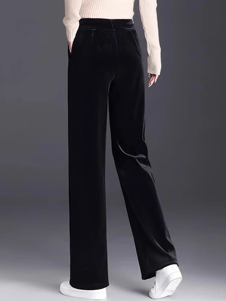 Golden Velvet Wide Legged Pants 2024 Spring and Autumn High Waist Hanging Good Casual Pants Blue Loose Straight Women's Pants6XL RT220