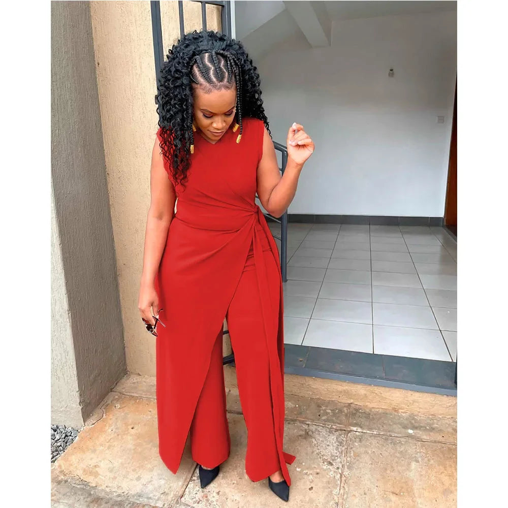 Women's Jumpsuit Summer Fashion Tied Detail V-Neck Casual Plain Sleeveless Asymmetrical Work Long Jumpsuit Y2K Streetwear RT220