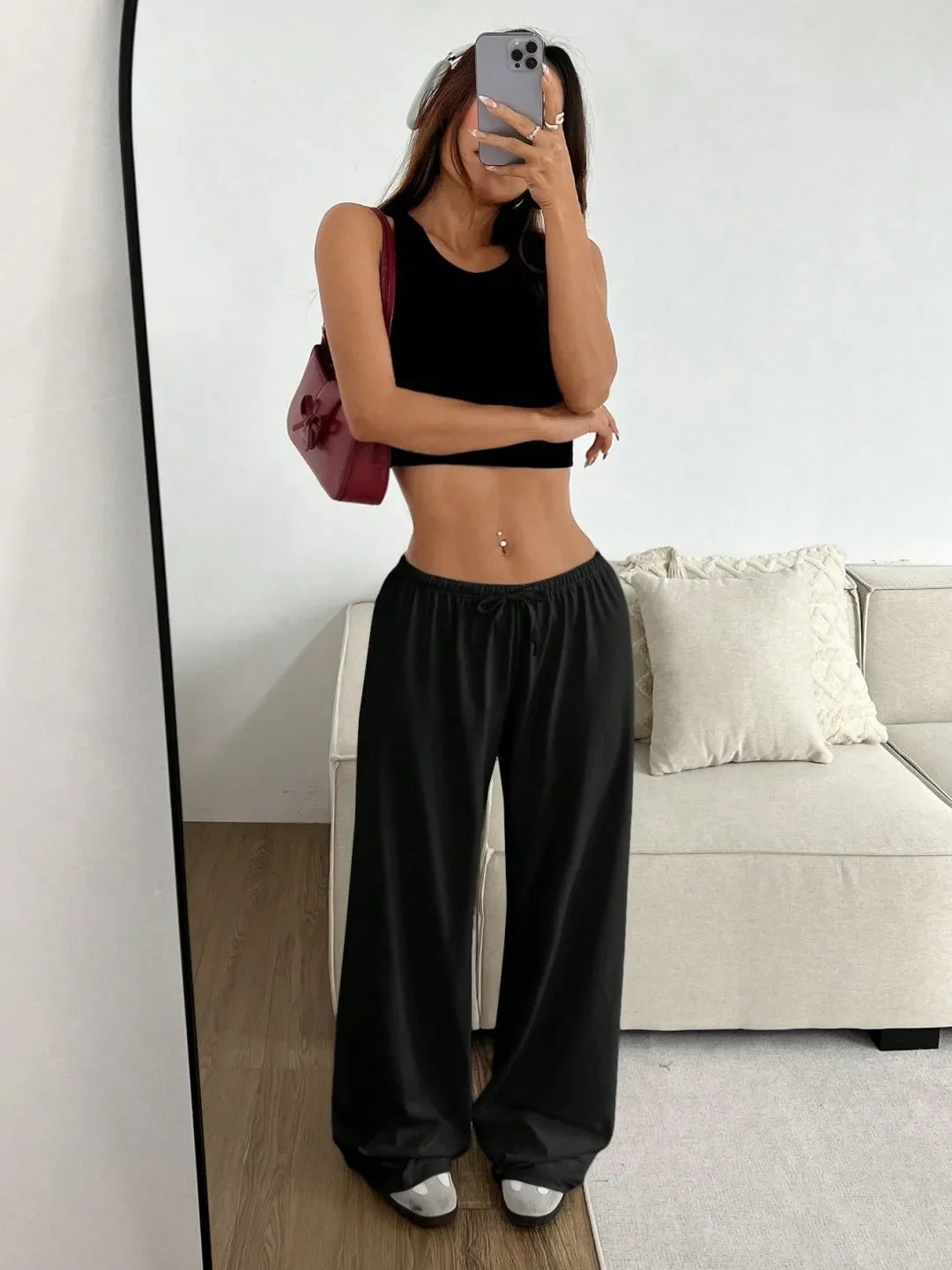 Loose Wide Leg Pants Women's Casual Knitted Loose Long Trousers Spring Summer New Style Elastic Waist Comfortable Female Fashion RT220