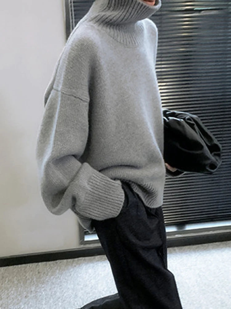 Jmprs Lazy Wind Grey Turtleneck Sweaters Women Vintage Loose Knitted Pullovers Streetwear Retro Harajuku Long Sleeve Simple Tops RT220