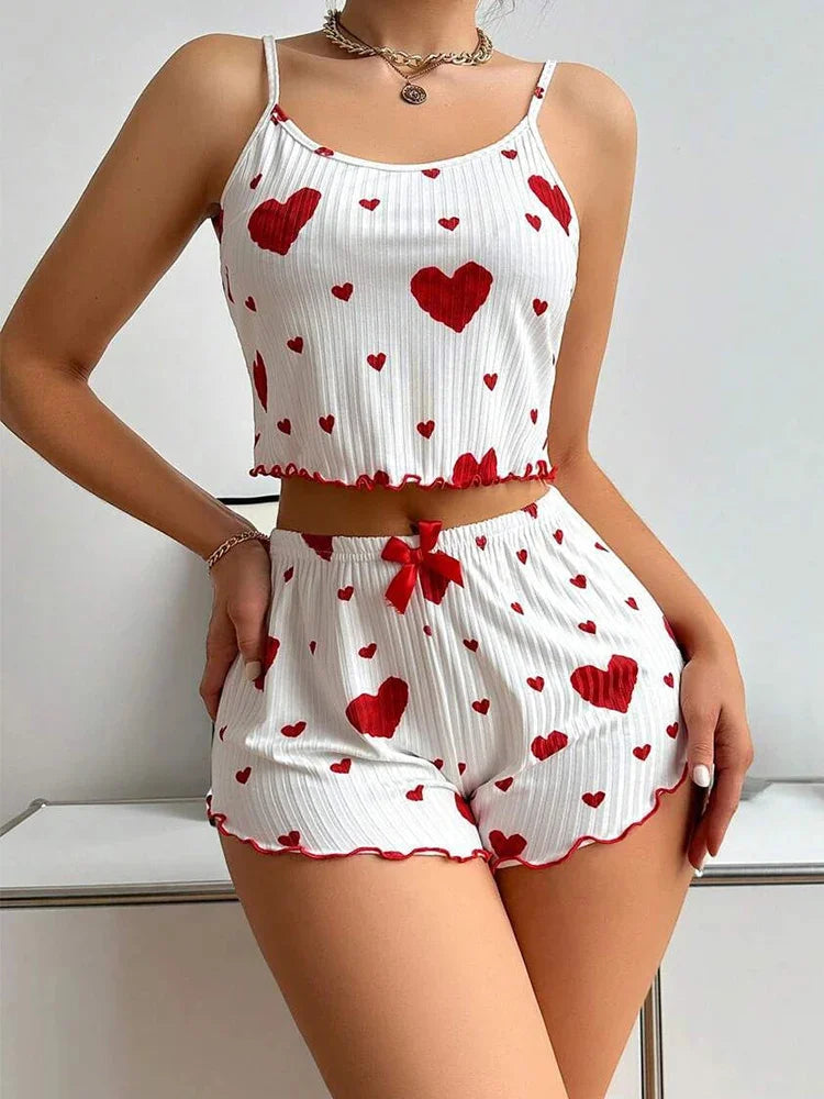 Sexy Girl Pajama Sets Love Heart Print Cami Top+Shorts Leisure Stripe Pyjamas Women Home Clothes Summer Sleeveless Sleepwear RT220