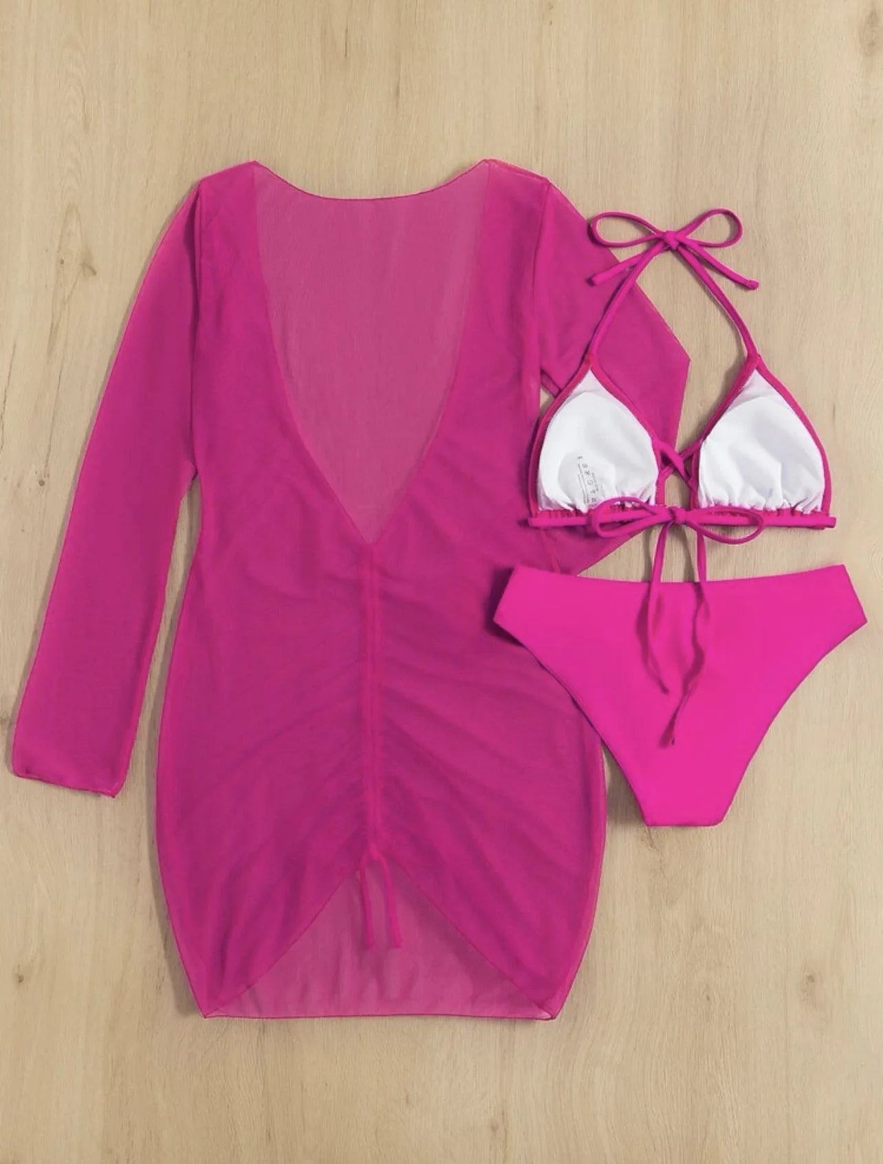 Long Sleeves Dress Bikini Set 2025 Women Neon Green Lace Up 3 Pieces Swimsuit Brazilian Bathing Suit Pleate Cover Up Swimwear RT220