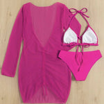 Long Sleeves Dress Bikini Set 2025 Women Neon Green Lace Up 3 Pieces Swimsuit Brazilian Bathing Suit Pleate Cover Up Swimwear RT220