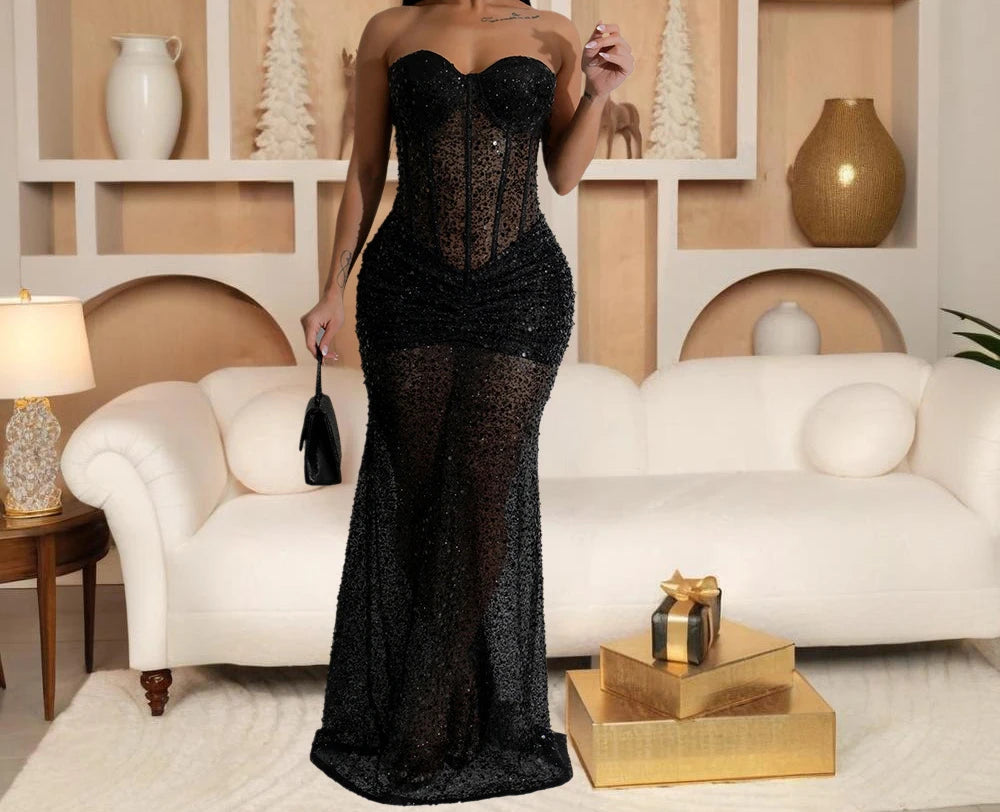 Long Dresses With Sleeves Strapless Sequin Womens Dresses See-through Elegant Party Evening Dress Birthday Prom Maxi Dress XSY22 RT220