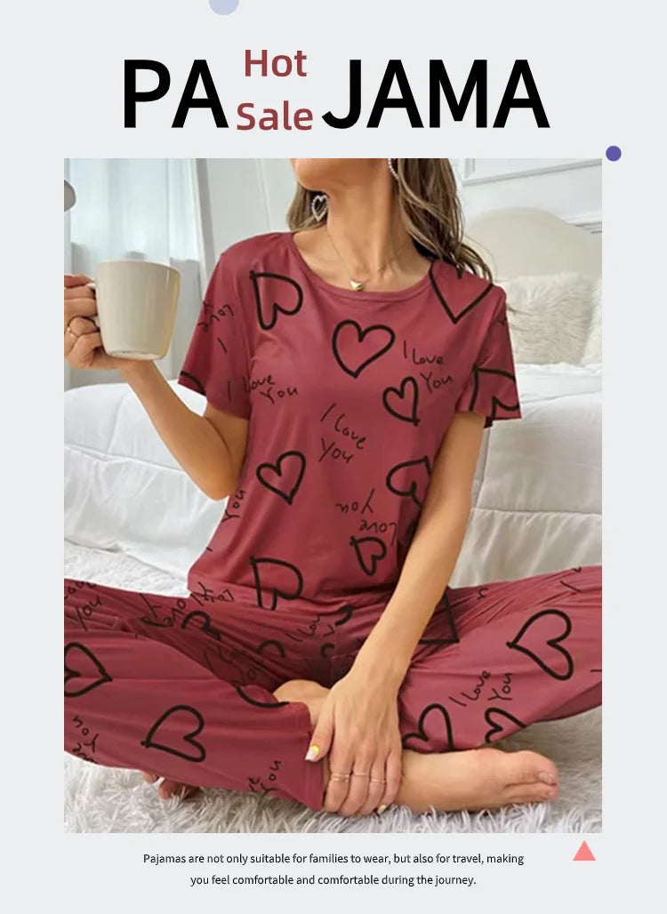 Autumn Fashion Home Pajama Suit Women Sleepwear Pijama Milk Silk Short Sleeve Top with Pants 2 Piece Pajamas for Ladies Lingerie RT220