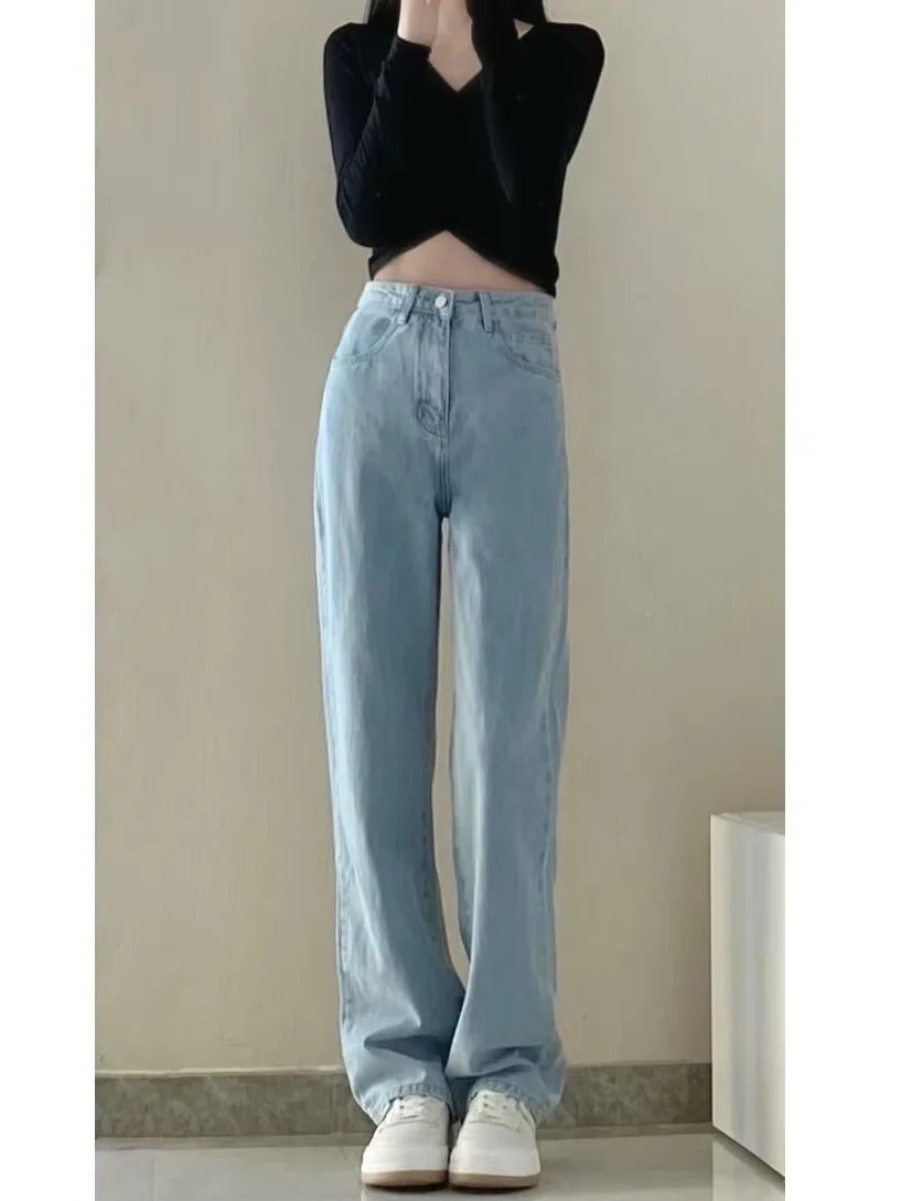 Autumn Spring Jeans Women Denim Pants Vintage Straight Trousers Fashion Female White Black Solid Loose Casual Wide Leg Pants RT220