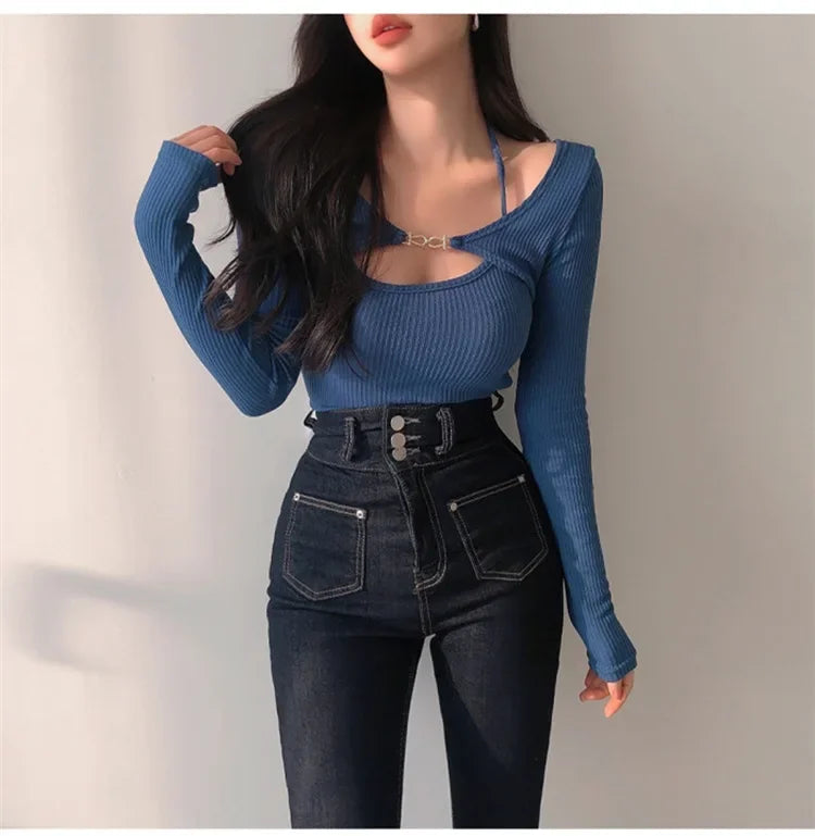 Sexy Tank Top Cropped Inner Strapless Long Sleeve Cover Up Outer Wear 2-piece Set Women's Summer Fashionable Suit RT220