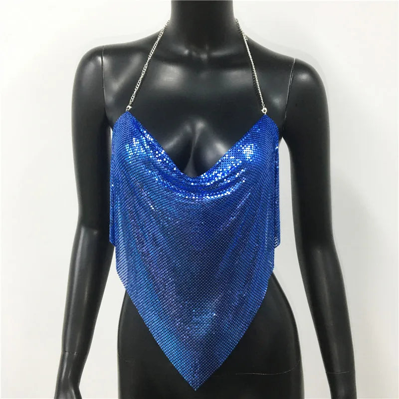 New Sexy Backless Metal Sequined Solid Camis Sleeveless Halter Hollow Out V Neck Adjustable Chain Women Nightclub Crop Tops RT220