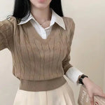 Korean Chic Spring and Autumn Age-Reducing Sweaters Retro Temperament Preppy Fake Two Pieces Shirts Twist Knit Women's Y2k Tops RT220