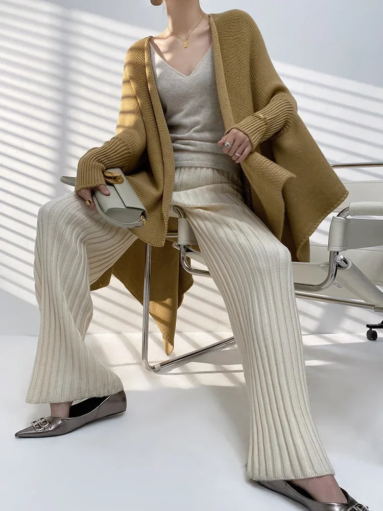 Autumn Winter Casual Thick Knitted Pant Women Long Trousers Elastic High Waist Kniting Wide Leg Pants Striped Pantalon RT220