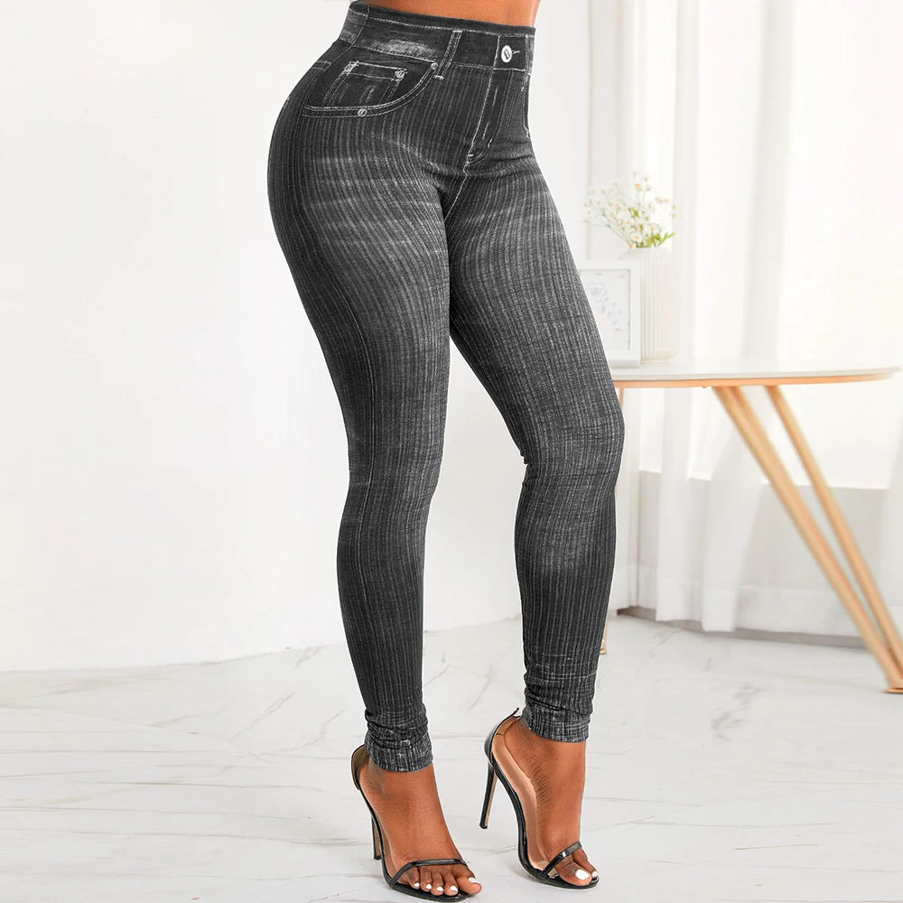 M XXL Faux Denim Leggings Women Clothing Summer High Waist Jeans Oversized Basics Pants Female Casual Slim Trousers RT220