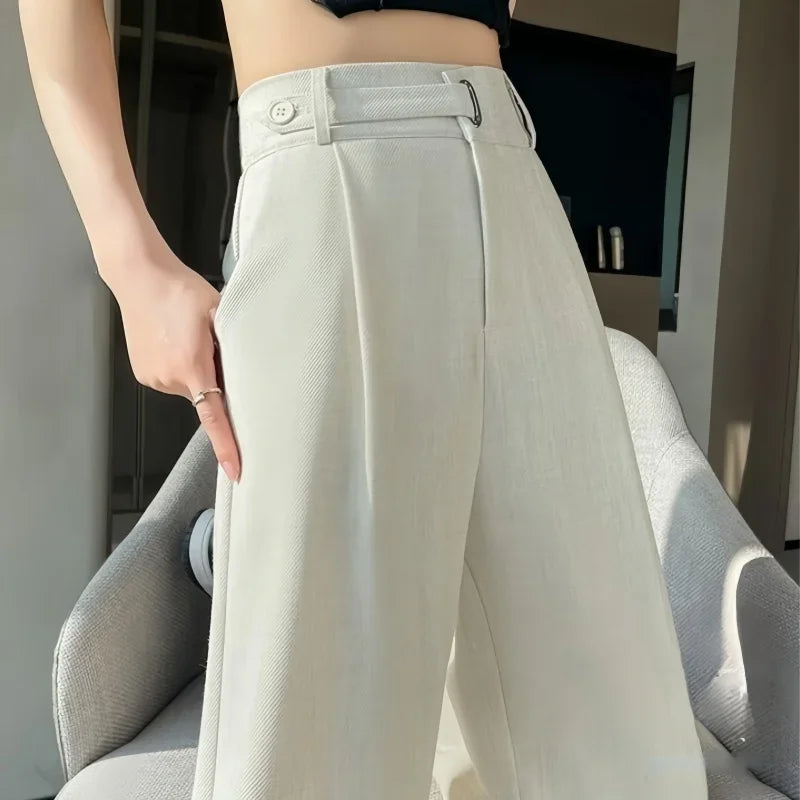 Seoulish Spring Summer Elegant Button Women's Wide Leg Pants 2025 New High Waist Solid Casual Loose Straight Trousers for Womens RT220
