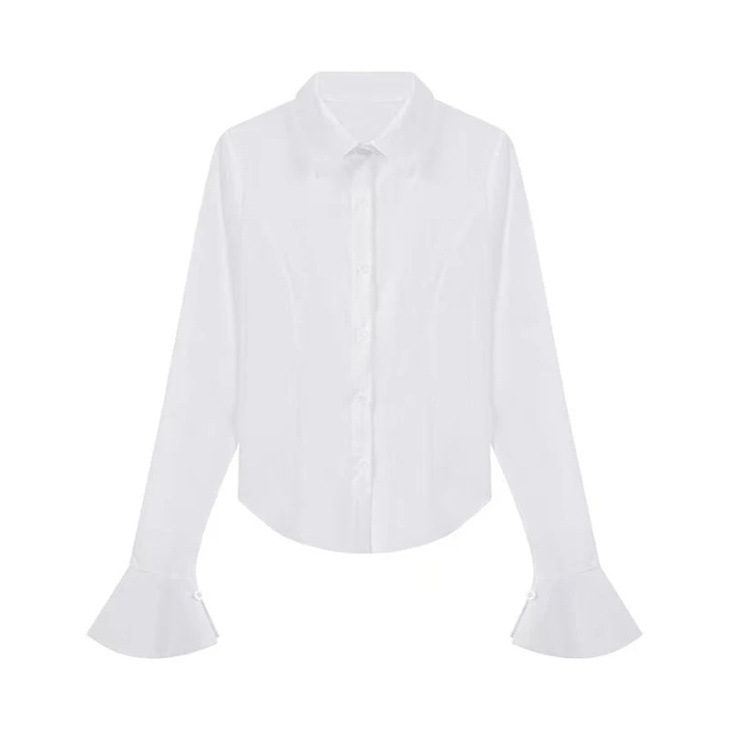 Sexy Slim Bandage Shirts Women Y2K Fashion Lapel Bell Sleeve White Blouses Female Korean Streetwear Spring Buttons Tops New RT220