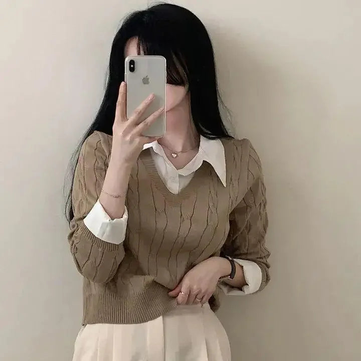 Korean Chic Spring and Autumn Age-Reducing Sweaters Retro Temperament Preppy Fake Two Pieces Shirts Twist Knit Women's Y2k Tops RT220