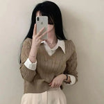 Korean Chic Spring and Autumn Age-Reducing Sweaters Retro Temperament Preppy Fake Two Pieces Shirts Twist Knit Women's Y2k Tops RT220