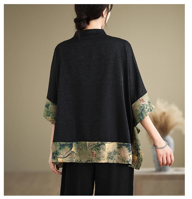 Oversized Summer Pullover T-Shirt Tops Women Print Patchwork Fashion Casual Loose Pleated Ladies Blouses Short Sleeve Woman Tops RT220