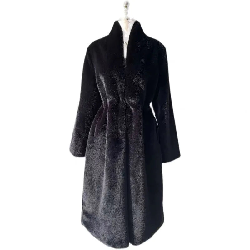 Coats Women Faux Fur Stand Collar Mid Length Long Coat Thick Maxi Warm Thick Open Stitch Elegant Autumn Winter Black Jackets RT220