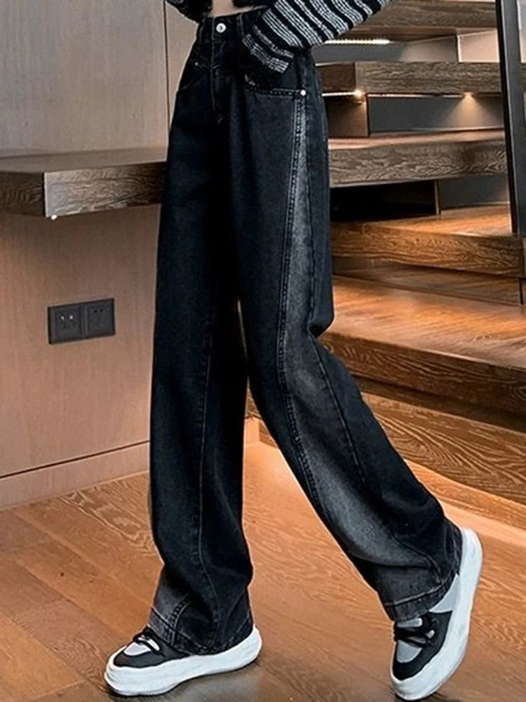 Woman High Waist Jeans Lady American High Street Patchwork Straight Leg Pants Girls Black Gray Contrast Color Wide Leg Trousers RT220