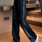 Woman High Waist Jeans Lady American High Street Patchwork Straight Leg Pants Girls Black Gray Contrast Color Wide Leg Trousers RT220