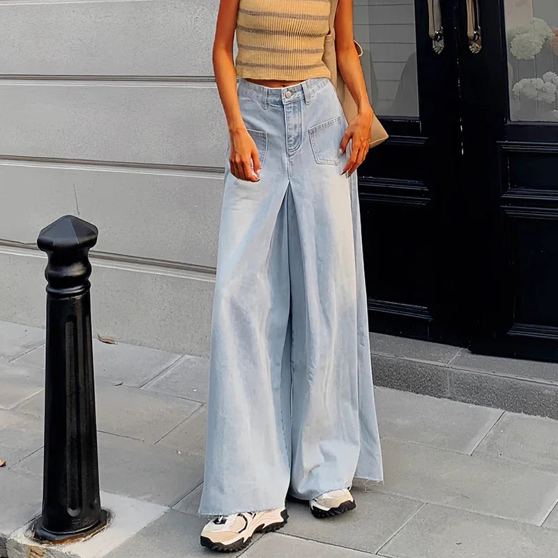 Woman High Waist High Street Wide Leg Jeans Female Loose Designer Pants Girls Fashion Y2k Blue Light Blue Gothic Denim Trousers RT220
