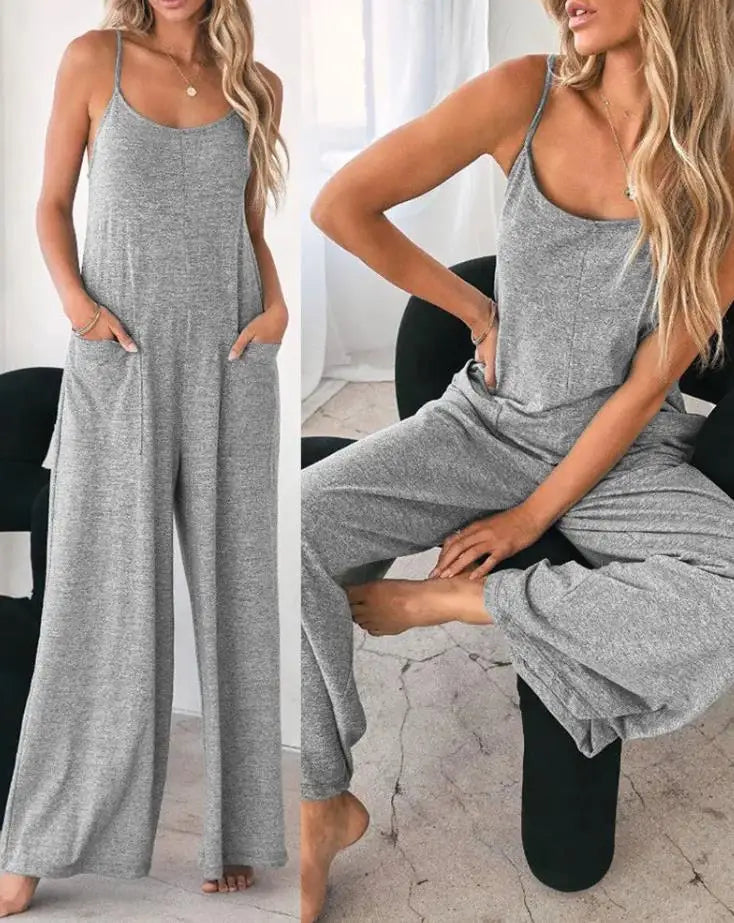 Jumpsuit For Women 2022 Fashion Grey Pocket Design Spaghetti Strap  Casual Home Daily Chic Loose Wide Leg Cami Jumpsuit RT220