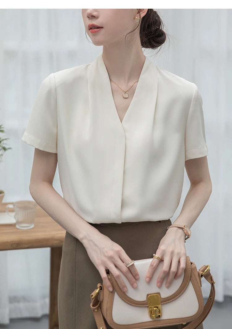 2025 Fashion Summer Short Sleeve V-Neck Women Blouse White Blouse Shirt Women Tops Blouses Shirts Blusas Para Mujer Camisas XL86 RT220