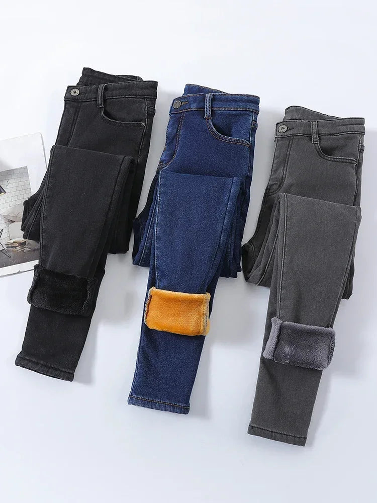 Skinny Women's Warm Jeans Winter Thicken Fleece Stretch High Waist Pencil Pants Fashion Korean Black Blue Gray Velvet Leggings RT220