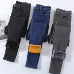 Skinny Women's Warm Jeans Winter Thicken Fleece Stretch High Waist Pencil Pants Fashion Korean Black Blue Gray Velvet Leggings RT220