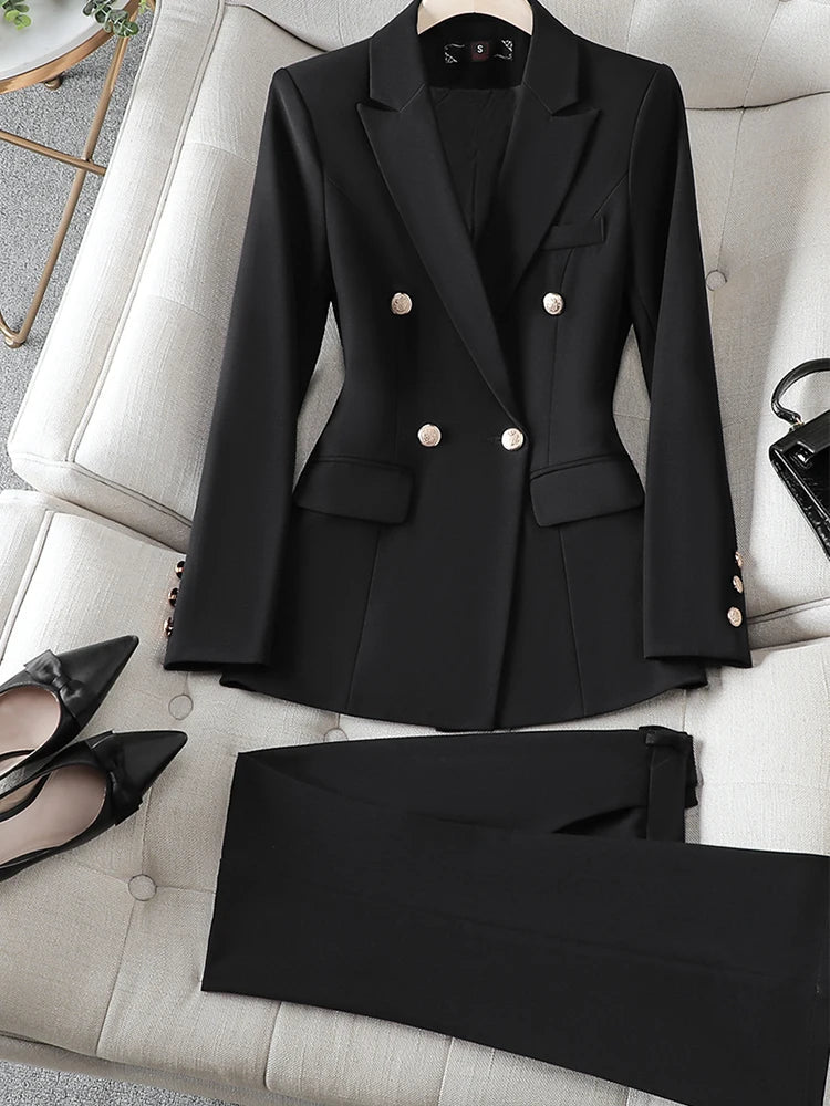 Gray Black Blue White Fashion Women Pant Suit Long Sleeve Solid Ladies Blazer and Trouser Formal 2 Piece Set For Autumn Winter RT220