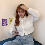 MEXZT Fashion Korean Pocket Cropped Blouse Women Casual Preppy Style Long Sleeve Short Shirt Fall Solid White All-match Y2k Tops RT220