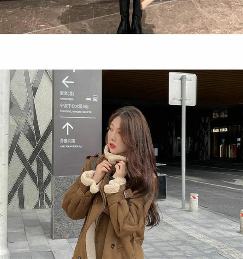 2024 Autumn Winter New Medium Long Double-breasted Lambswool Suede Woolen Coat Women Add Velvet Padded Warm Fur One Woolen Coats RT220