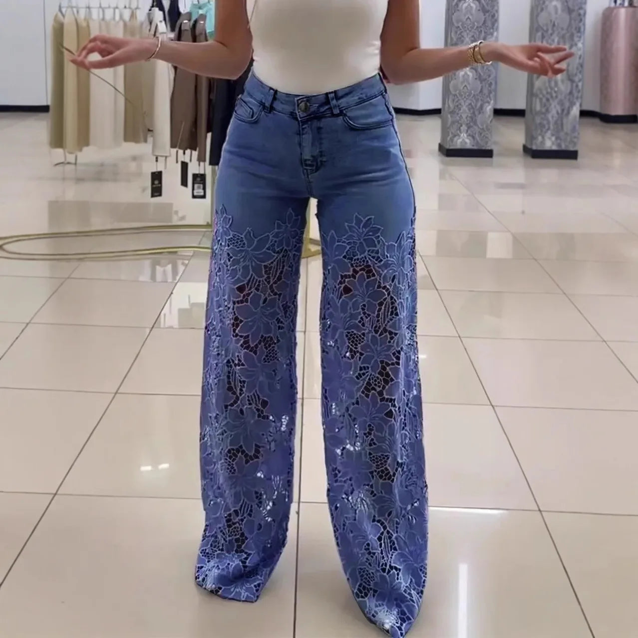 Women's Spring Summer Fashion Hollow Out Lace Splicing Denim Drape Pants Full Length Trousers RT220