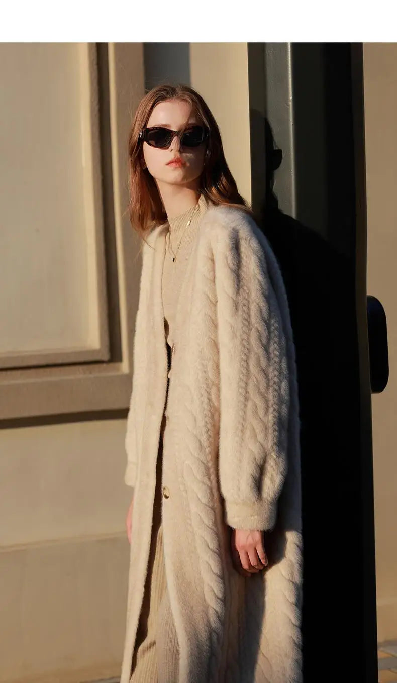 Women Fur Cardigan Thickened Long 2024Autumn Winter V-neck Jacket Female Loose Simple Leisure With Buttons Casual Faux Fur Coat RT220