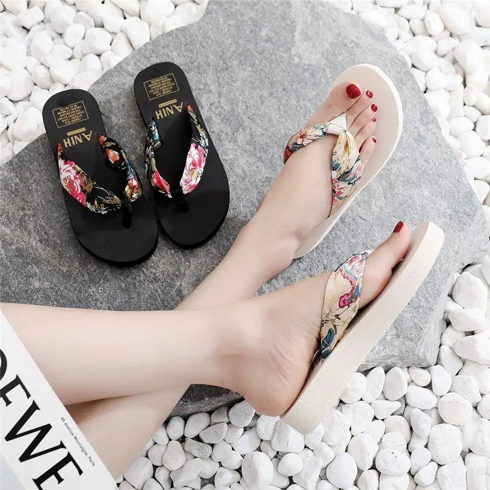 Summer EVA Beach Platform Slippers Wedge Sandals 3/5.2cm Heel High Fashion Casual Satin Printing Vacation Women's Slippers RT220