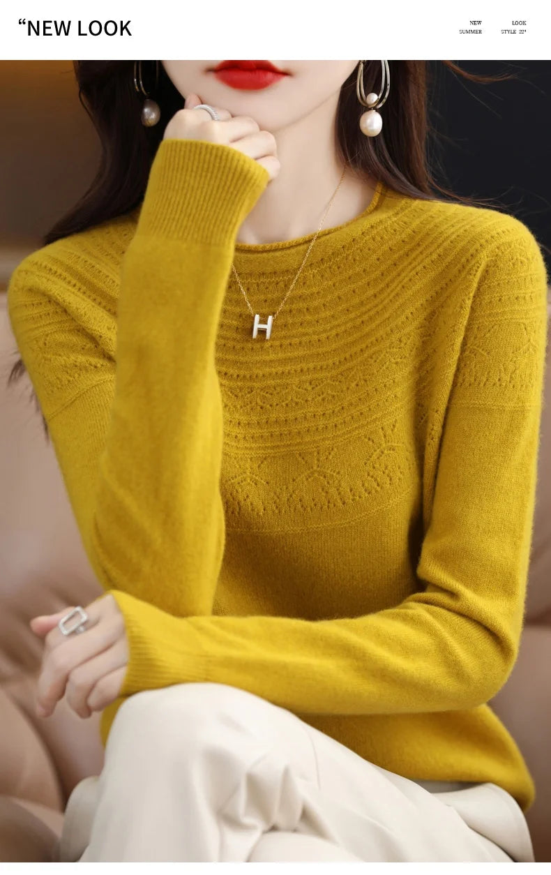 100% Merino Wool Knitted Sweater Autumn/Winter 2024 New Women's Round Neck Hollow Top 11 Color Pullover Versatile Coat NJR1107 RT220