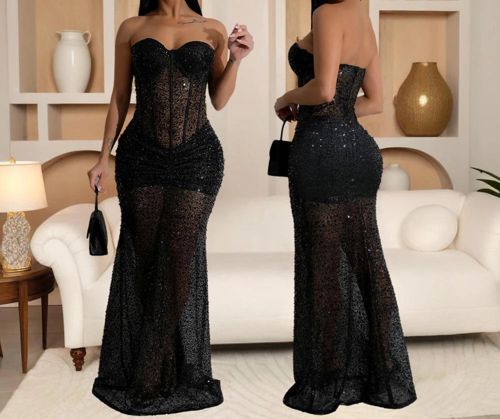 Long Dresses With Sleeves Strapless Sequin Womens Dresses See-through Elegant Party Evening Dress Birthday Prom Maxi Dress XSY22 RT220