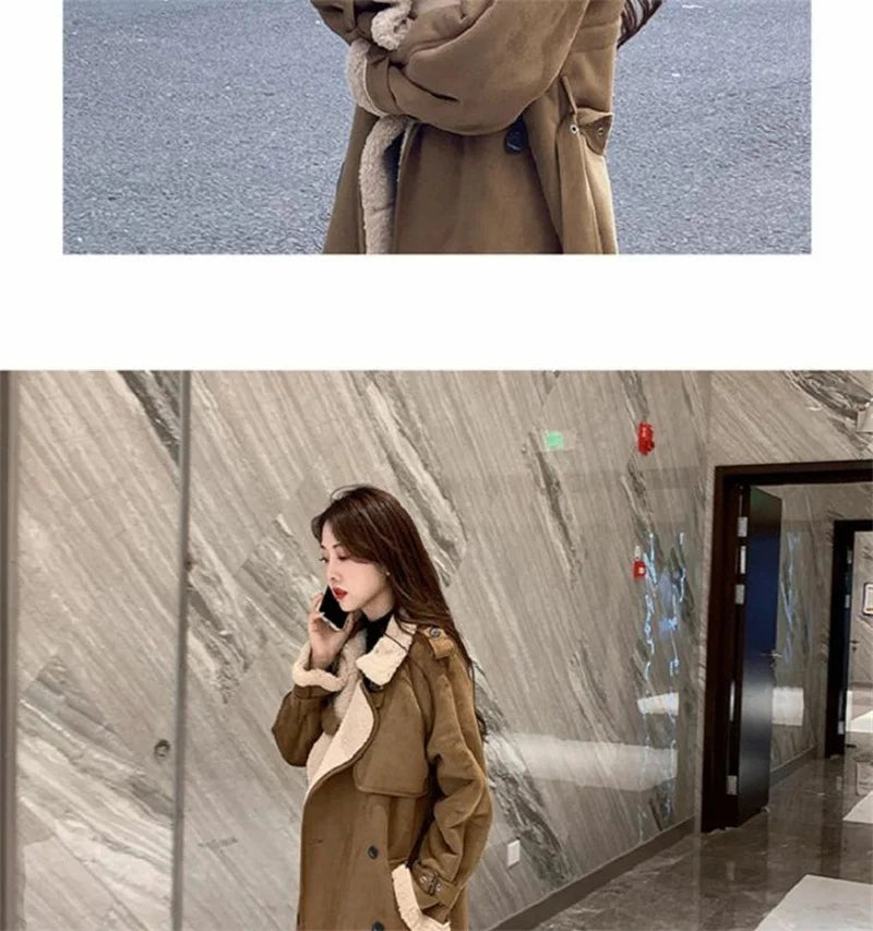 2024 Autumn Winter New Medium Long Double-breasted Lambswool Suede Woolen Coat Women Add Velvet Padded Warm Fur One Woolen Coats RT220