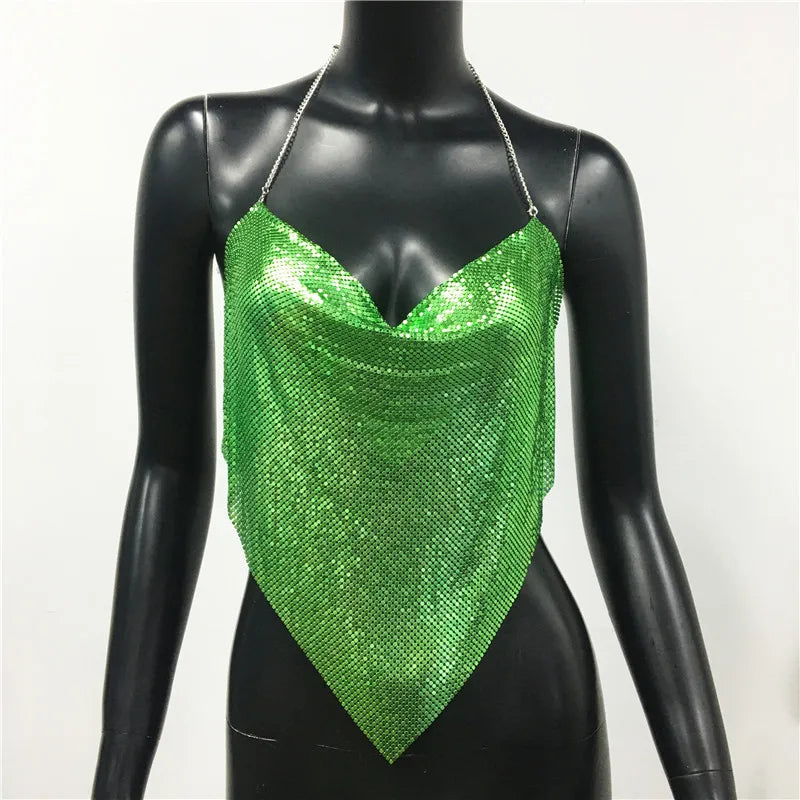 New Sexy Backless Metal Sequined Solid Camis Sleeveless Halter Hollow Out V Neck Adjustable Chain Women Nightclub Crop Tops RT220