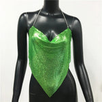 New Sexy Backless Metal Sequined Solid Camis Sleeveless Halter Hollow Out V Neck Adjustable Chain Women Nightclub Crop Tops RT220