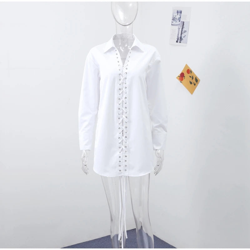 Fashion White Lapel Oversize Long Sleeve Shirts 2025 Spring New Weave Drawstring Blouse Lady Holiday Beach Street Chic Loose Top RT220