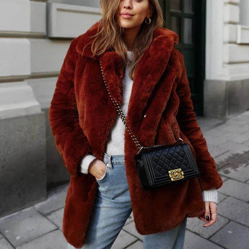 Thick Faux Fur Jacket Women Wine Red Autumn Winter Korean Maxi Coat Long Warm Luxury Fur Black Parkas Bontjas Furry Outerwear RT220