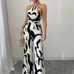 Fashion Women Jumpsuit Sexy Halter Print Sleeveless High Waist Lace-up Wide Leg Pants Long Jumpsuits Female Casual Lady Jumpsuit RT220