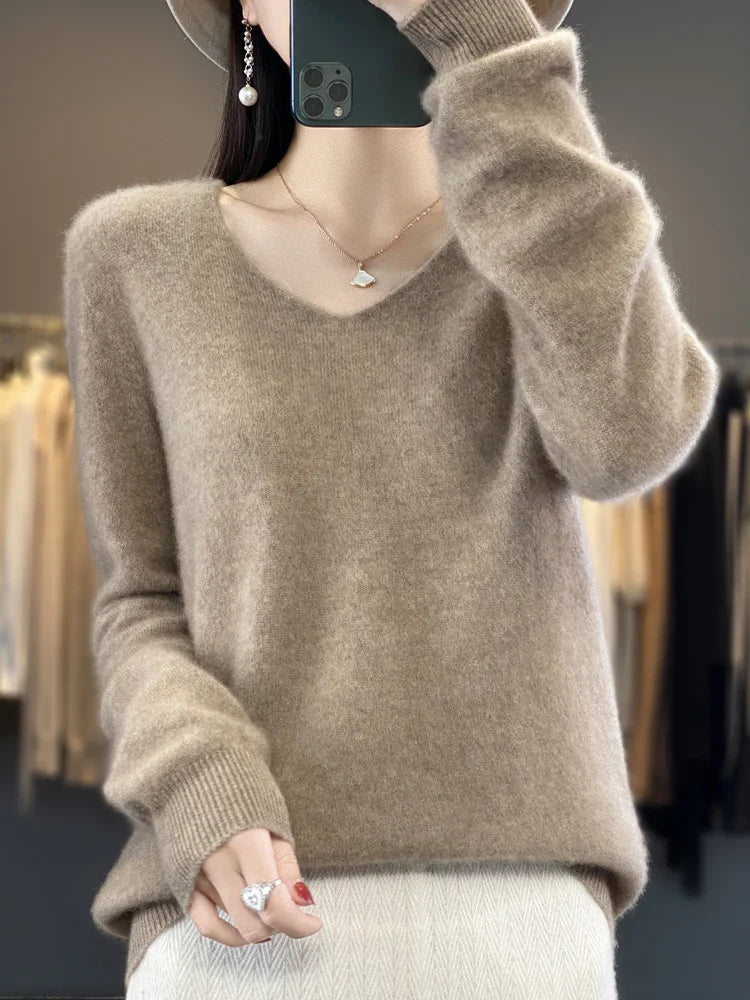 2024 New Womens Basic V-neck Pullover Sweater 100% Merino Wool Long Sleeve Cashmere Knitwear Autumn Winter Female Clothing Tops RT220