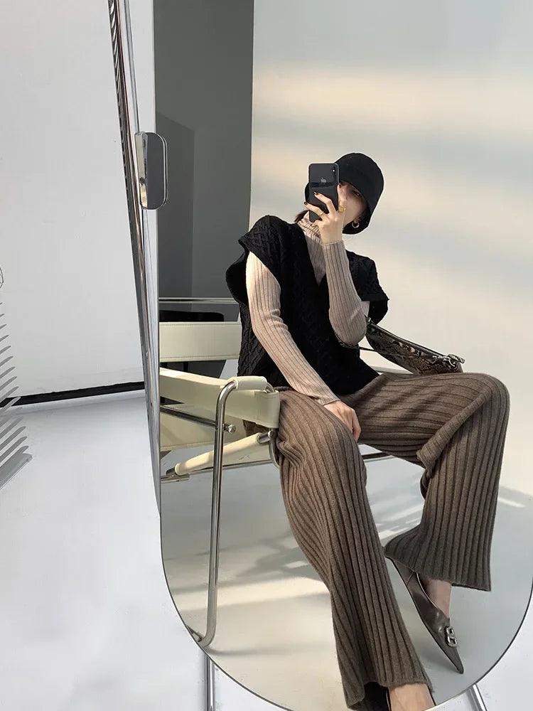 Autumn Winter Casual Thick Knitted Pant Women Long Trousers Elastic High Waist Kniting Wide Leg Pants Striped Pantalon RT220