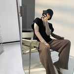 Autumn Winter Casual Thick Knitted Pant Women Long Trousers Elastic High Waist Kniting Wide Leg Pants Striped Pantalon RT220