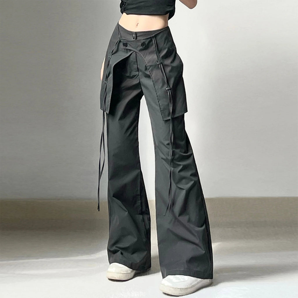 Y2K Long Pants Mid Waist Women Loose Cargo Pant Comfortable Black Solid Color Vintage Relaxed Fit Drawstring with Large Pockets RT220