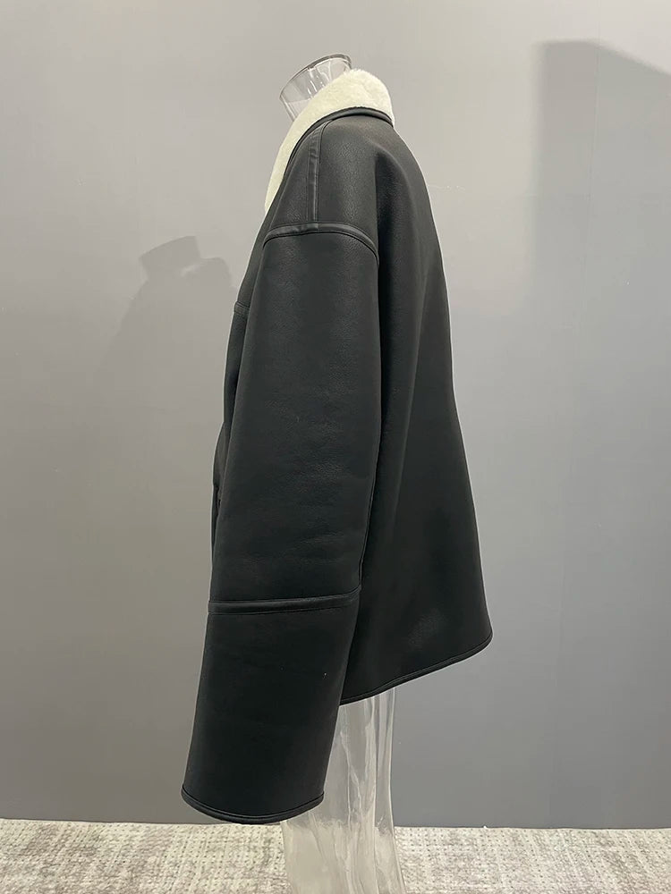 [LANMREM] Faux Fur Thick Warm Coats Lapel Single Breasted Office Lady Elegant Female Outwear Fashion 2025 Winter New 26C1095 RT220